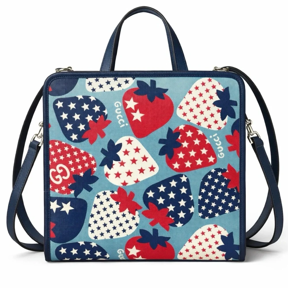 GUCCI Kids Strawberry & Stars Canvas Tote Bag Blue Italy 605614 Shoulder Strap